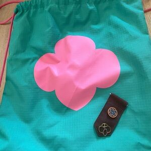Girl Scout drawstring bag and pins